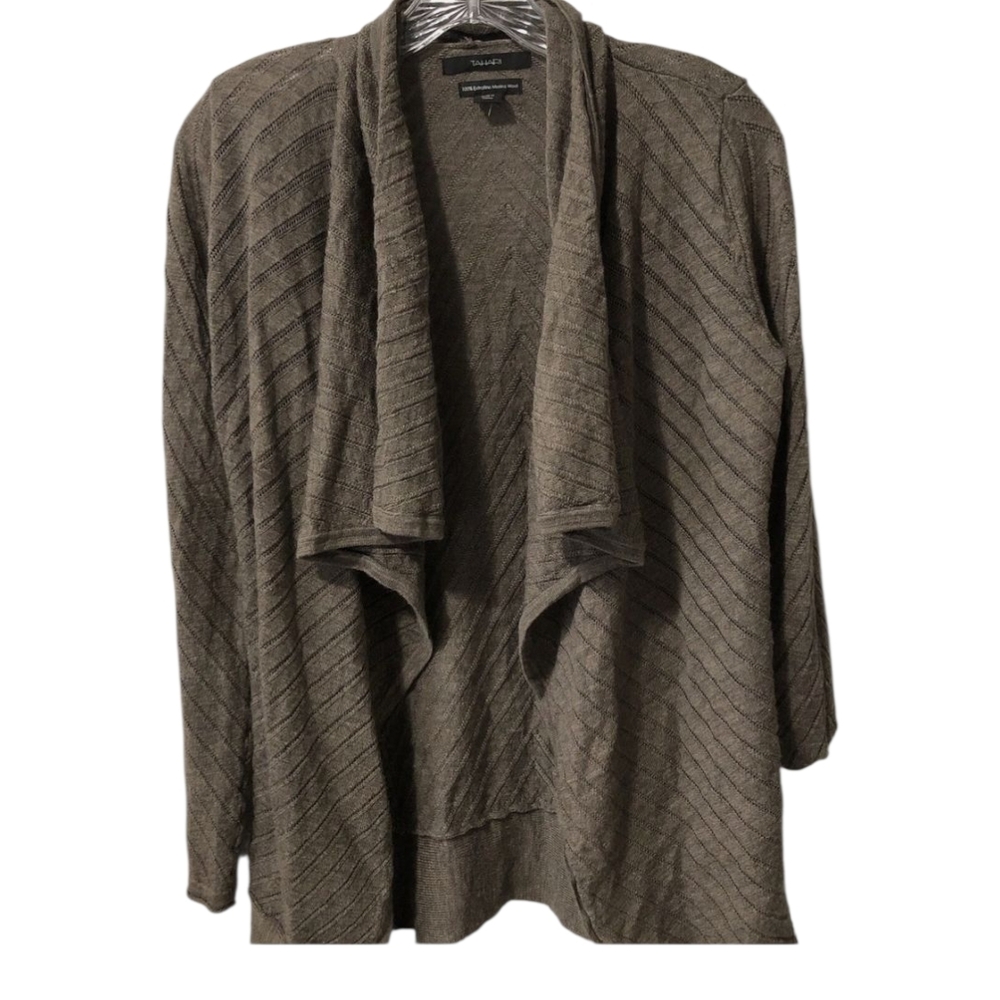 Tahari Taupe Open-Front Cardigan 100% extra fine Wool Sz S
